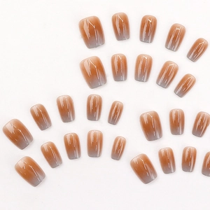 Gradient brown and grey short square press-on nails set with glossy finish on white