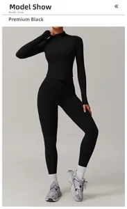 Détail d'un ensemble de yoga noir à séchage rapide avec leggings et veste zippée