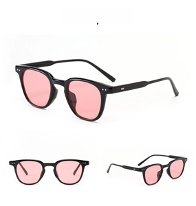 Three-angle view of round black frame sunglasses with pink lenses and silver rivet details