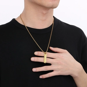 Polished gold rectangular bar pendant necklace with sleek box chain for men and women