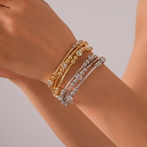 Retro multi-layer geometric open bracelet with rhinestones in gold and silver finish