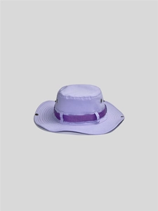 Close-up of purple outdoor sun hat showing stitching detail and decorative webbing strap