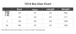 Detailed size chart for double-sided brushed yoga sports bra with S to XL measurements