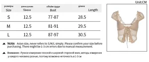 Size chart for sexy hollow-out ruffle top with measurements in cm for S M L sizes
