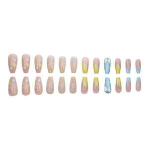 Long coffin press-on nails set with blue bow, floral relief, and pastel French tips