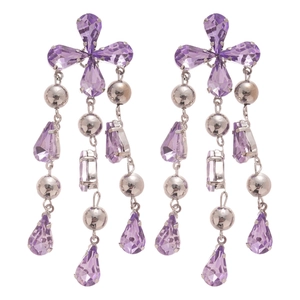 Elegant purple crystal teardrop tassel earrings with silver finish in vintage style