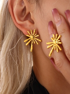 Close-up of 18K gold sunburst stud earrings on a model showing metallic luster and size