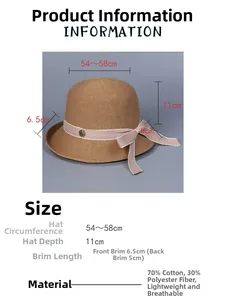 Size chart showing 54-58cm circumference and cotton blend fabric for knit bucket hat