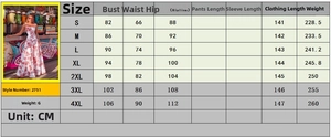 Size chart showing bust, waist, and length measurements for the printed maxi dress