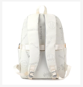 Back view of cream school backpack with cartoon bear prints and breathable mesh padding