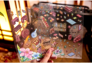 Detail showing vintage antique shop PET stickers with retro furniture and floral patterns