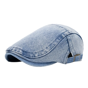Adjustable light blue washed denim newsboy cap with vintage metal buckle for men and women