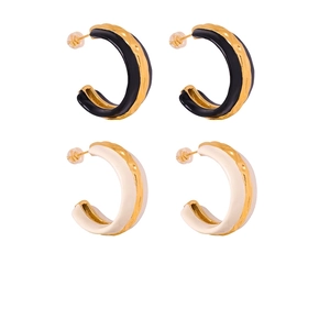 C Shape Hoop Earrings Titanium Steel Gold Plated Enamel Wavy Texture Retro Geometric Fashion Jewelry Women