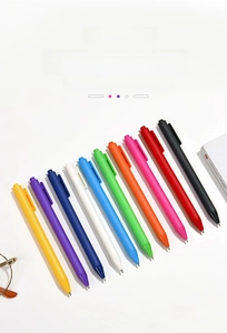 Detailed arrangement of colorful candy-colored retractable gel pens with matte finish texture