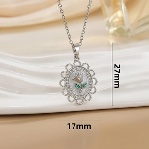 French retro rose flower pendant necklace in silver with green accents and dimensions