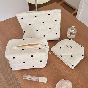 Trousse De Maquillage Matelassée À Pois Grande Capacité Tissu Jacquard Sac De Toilette Portable Voyage Rangement