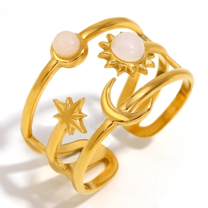 Anello aperto celestiale placcato oro 18K con luna sole e pietre preziose opale