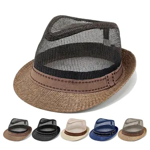 Breathable mesh straw jazz hat for sun protection in five colors with decorative band