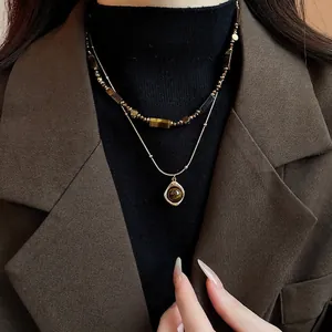 Retro Double Layer Tiger Eye Stone Necklace Gold Plated Alloy Beaded Clavicle Chain Irregular Round Pendant Women Jewelry