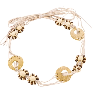 Detail of bohemian braided waist chain with beige woven ropes and brown wooden beads