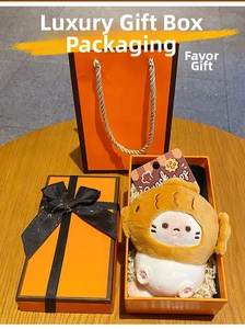 Cute cat plush in yellow hoodie inside orange premium gift box with matching carry bag