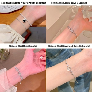 Dettagli di bracciali in acciaio inossidabile argento con motivi cuore, farfalla e perla