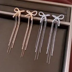 Bowknot Long Tassel Dangle Earrings Shiny Zircon Copper With Silver Earring Post Elegant Jewelry For Women