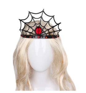 Detail of Halloween spider web crown featuring a large red gemstone on a black frame