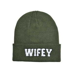 Army green knitted beanie hat with white WIFEY embroidery for outdoor warmth
