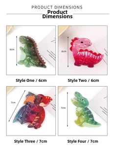 Macro detail of cute dinosaur acetate hair claws with precise size measurement