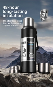 Detail of 316 stainless steel vacuum flask on rocky terrain for outdoor travel