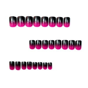 Glossy short square press-on nails featuring a black and fuchsia purple gradient design