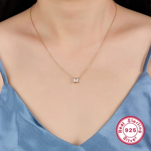 Minimalist S925 sterling silver gold necklace with square cubic zirconia pendant