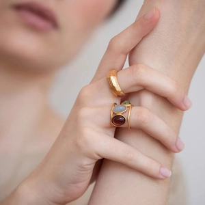 Vintage Open Adjustable Ring For Women With Brass 18K Gold Plated Multi Layer Natural Gemstones Red Green White