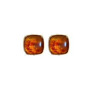 Vintage tortoiseshell resin square earrings with gold frame and silver needle posts