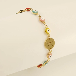 Gold Evil Eye bracelet with multi-color beads and personalized letter K charm pendant