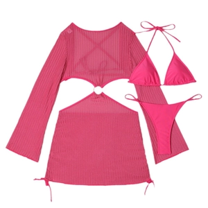 Three-piece pink bikini set with halter top and long sleeve crochet mesh beach cover-up