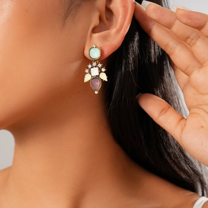 Six-piece set of vintage gold-tone earrings with multi-colored crystals and rhinestones