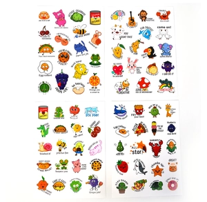 Detailed view of colorful cartoon reward stickers with English pun slogans for kids