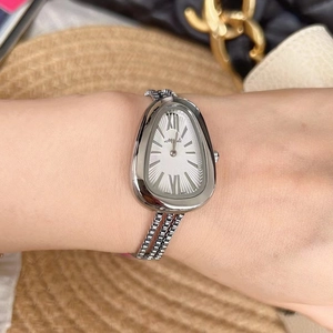Silver snake-head watch for women with Roman numerals and luxury tassel metal chain