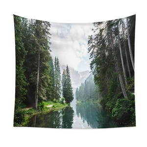Nature forest landscape tapestry with mountain lake and woodland print home wall hanging decor