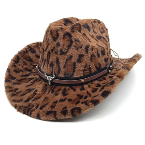 Leopard print western cowboy hat with studded leather band and metal bull skull pendant