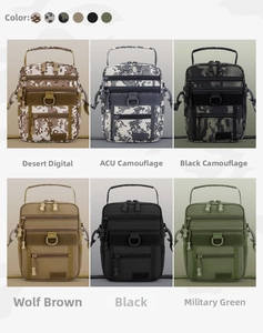Tactical shoulder bags shown in six colors including camo, black, and military green