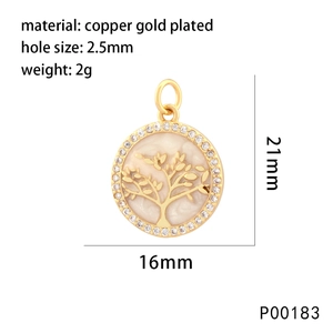 Detailed size view of a gold-plated tree of life pendant with beige enamel and crystals