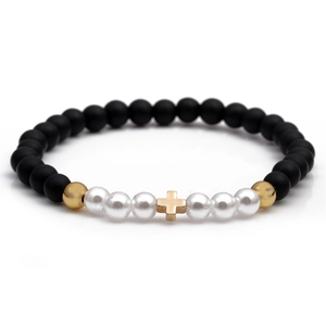 6mm cross beaded bracelet with black matte beads and faux pearls for women