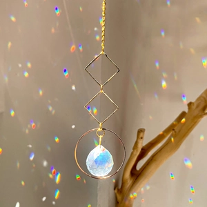 Detail of crystal sun catcher casting rainbow light spots through a faceted glass ball