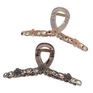 Elegant 13cm K9 crystal hair claw clip in champagne and grey with floral rhinestone accents