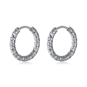 Textured geometric silver huggie earrings in minimalist stainless steel for women