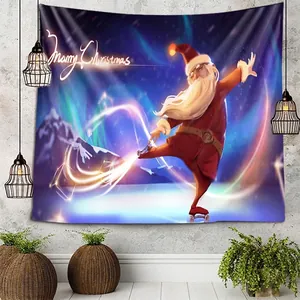 Kerst wandkleed met schaatsende Kerstman, noorderlicht en Merry Christmas tekst