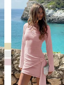 Women Long Sleeve Ruched Mini Dress Solid Color 3D Flower Side Tie Textured Knit Sexy Vacation Beach Bodycon